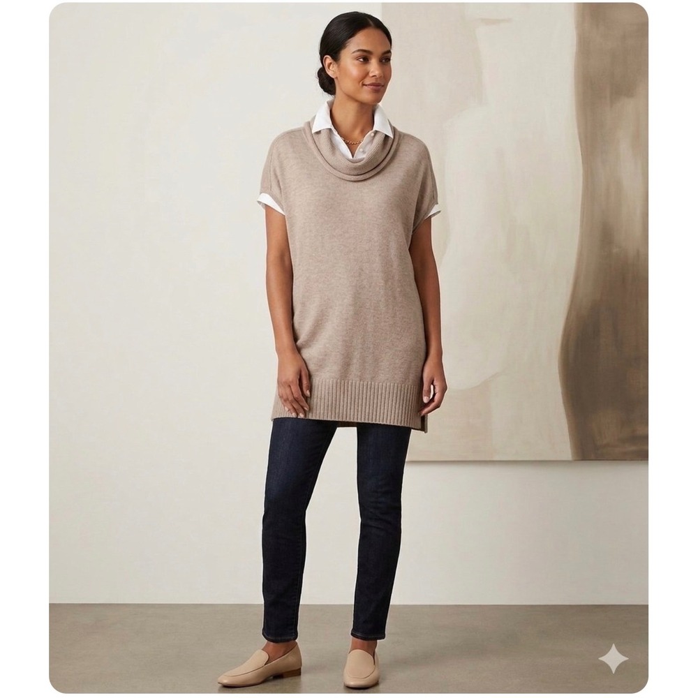 Lilla P Women's Cowl Neck Cap Sleeved Tunic Length Sweater Beige Size XL
